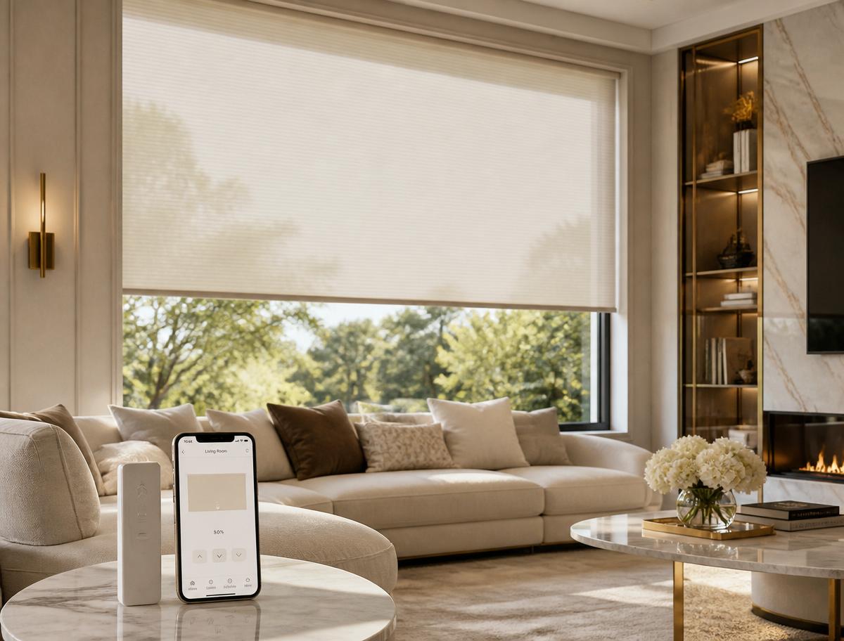 Motorised electric roller blind controlled by smartphone in a modern living room